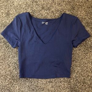 Aerie Offline Built in Bra Women's Navy Blue V-Neck Cropped Workout Top